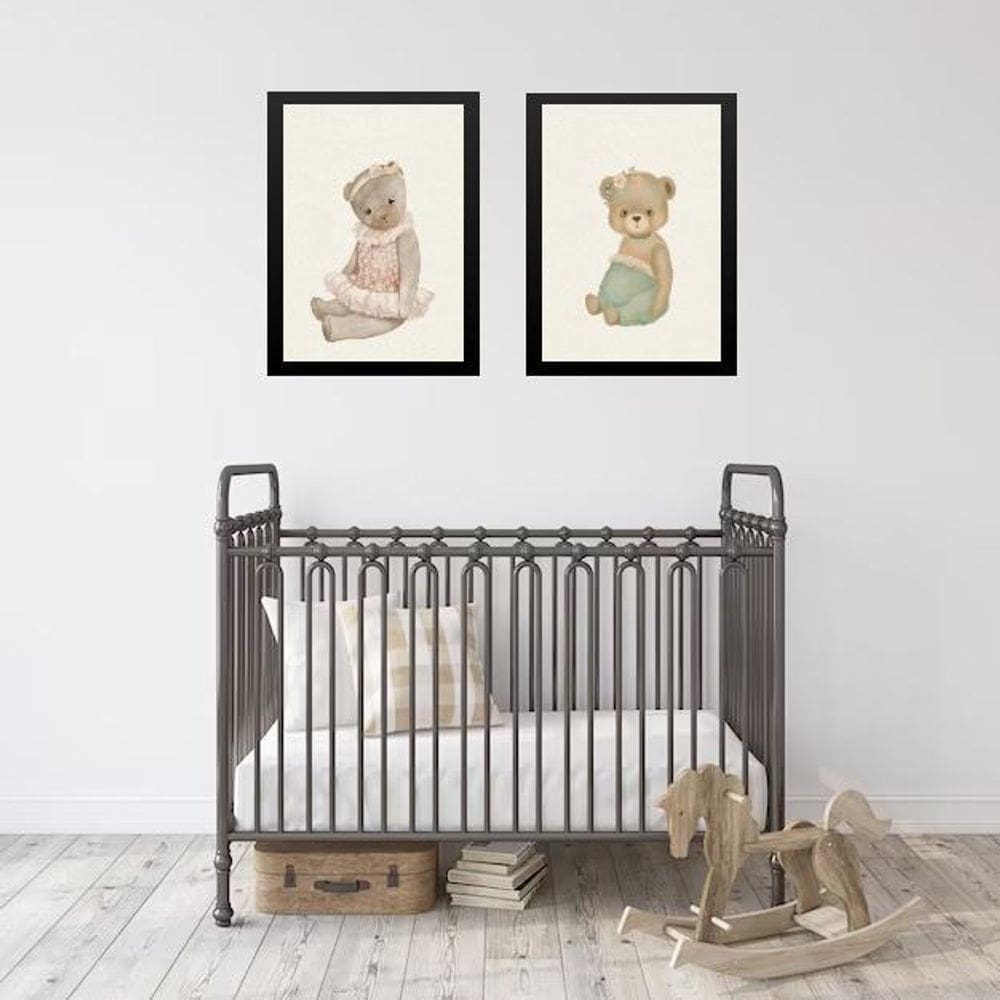 Kit 2 Quadros Quarto De Bebê Ursinhas Vintage 33X24Cm