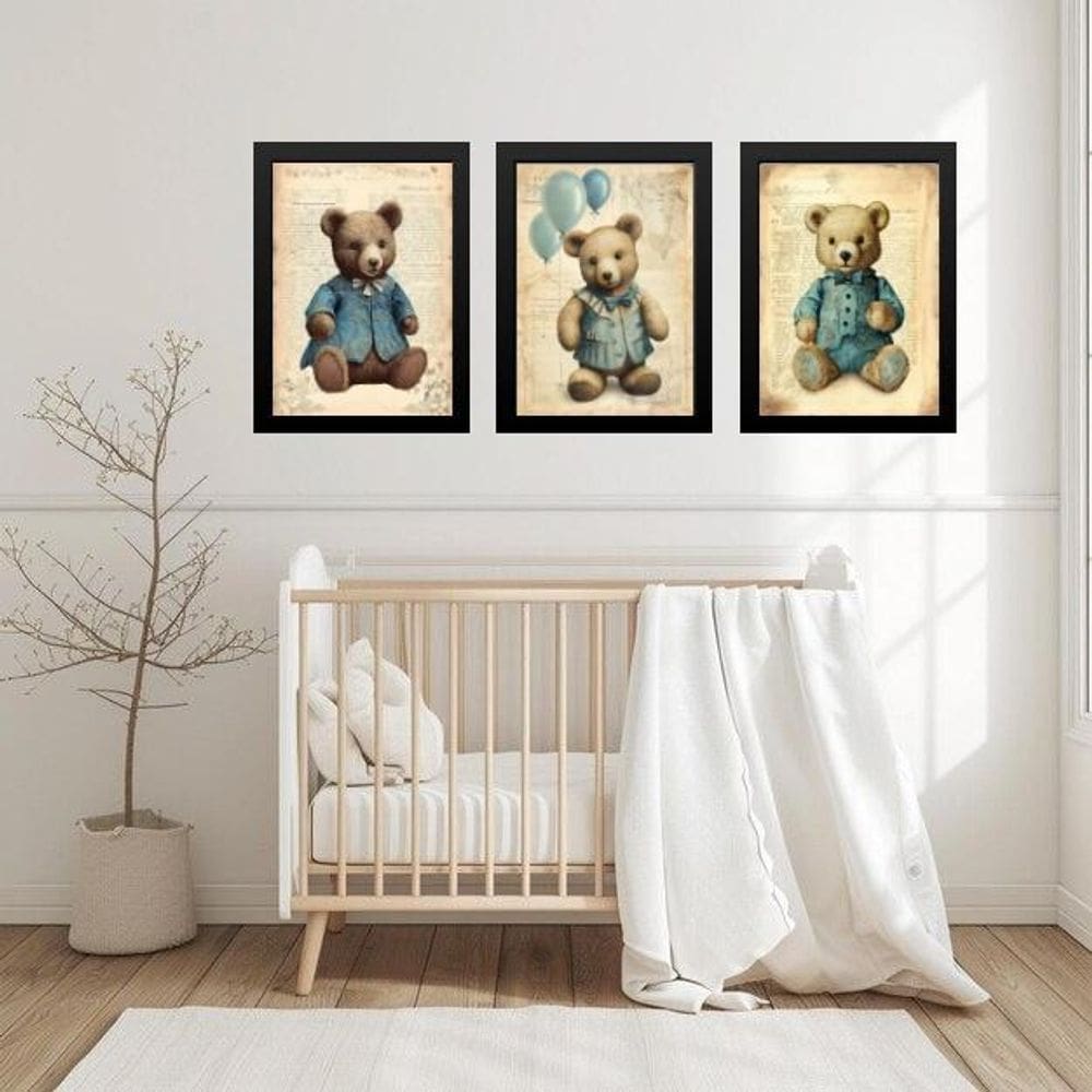 Kit 3 Quadros Quarto Bebê Ursos Vintage 33X24Cm