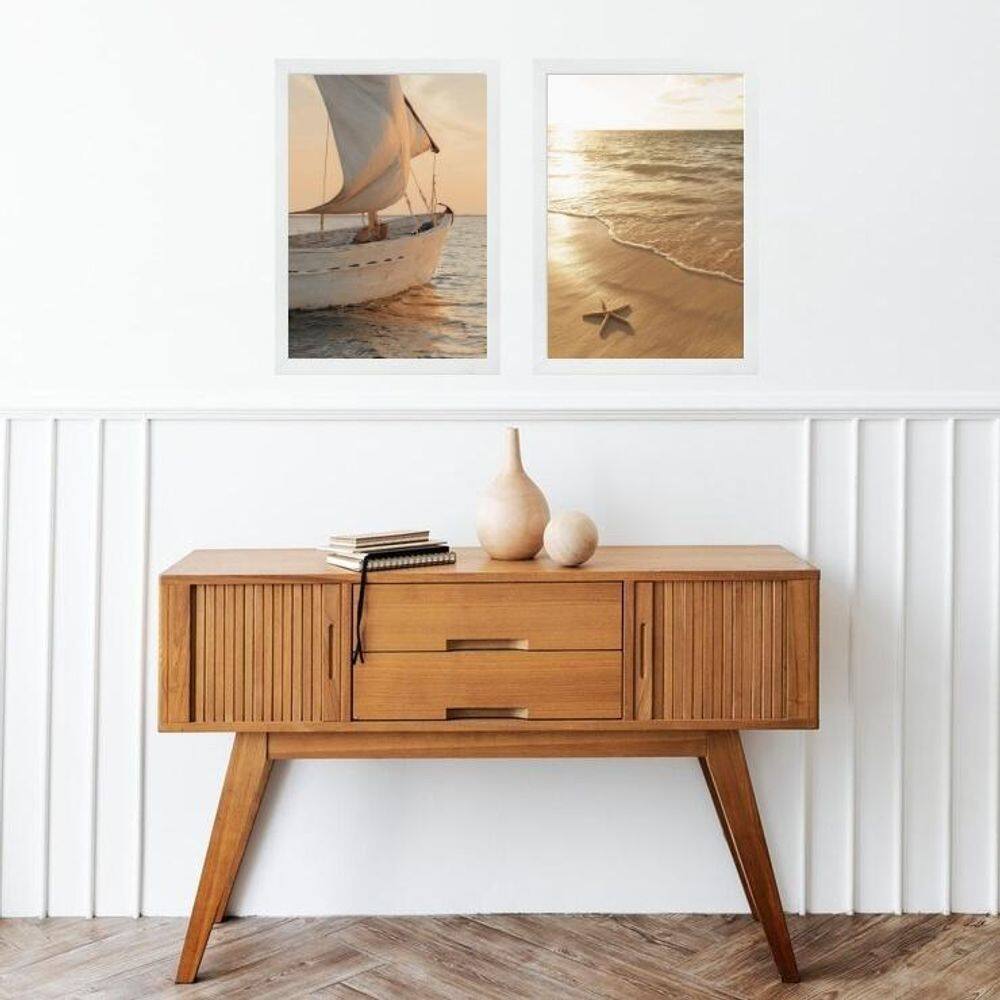 Kit 2 Quadros Praia Bege - Mar E Barco 24X18Cm - Com Vidro