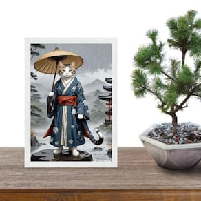 Quadro Arte Oriental Gato Samurai 24X18Cm - Com Vidro