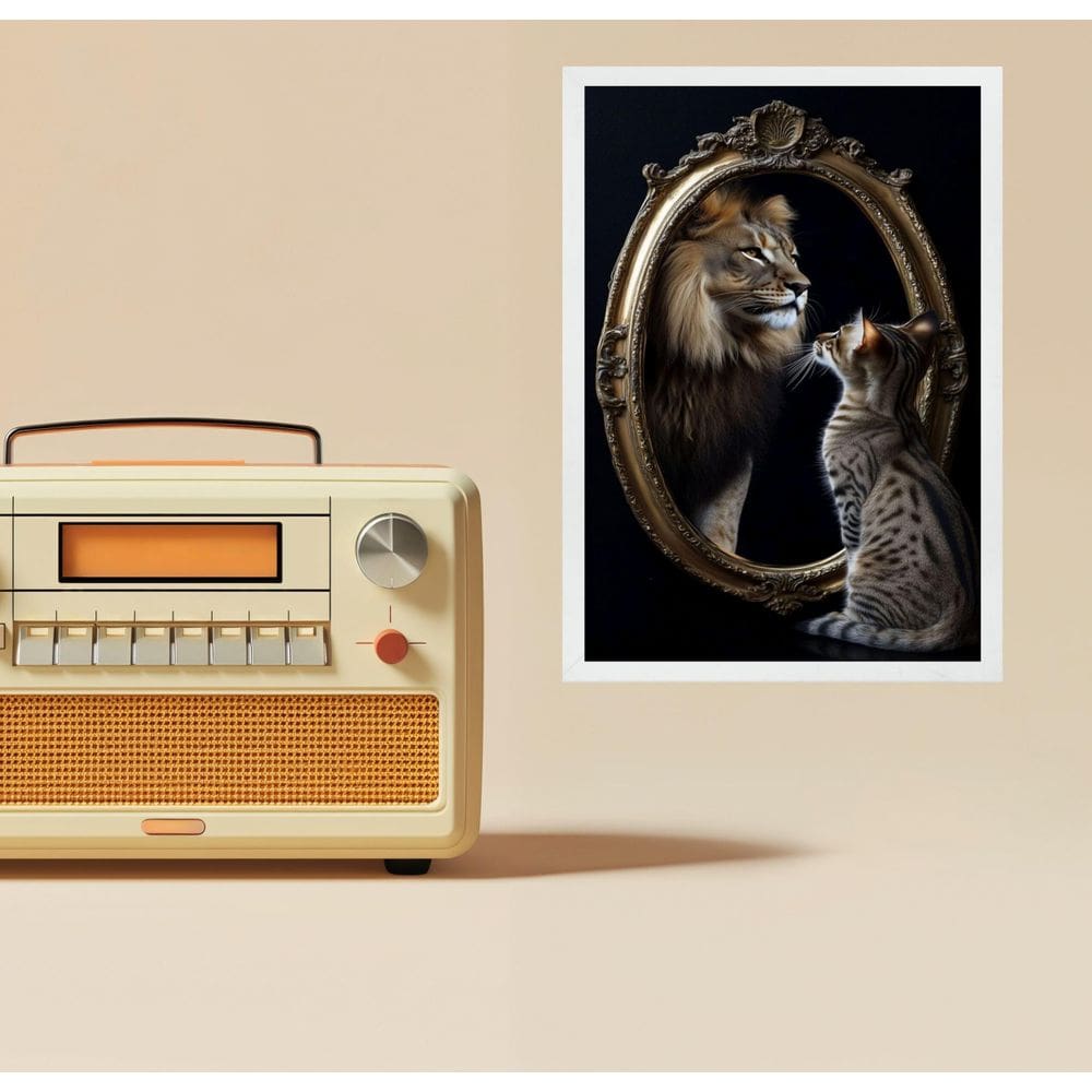 Quadro Gato Olhando Espelho Vendo Leão 33X24Cm - Com Vidro