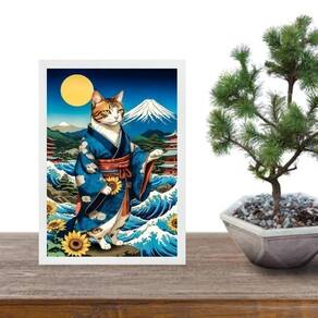Quadro Arte Oriental - Gato Com Girassóis 33X24Cm - Vidro