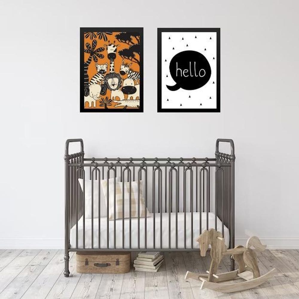 Kit 2 Quadros Infantis Laranja E Preto Safari 33X24Cm Vidro