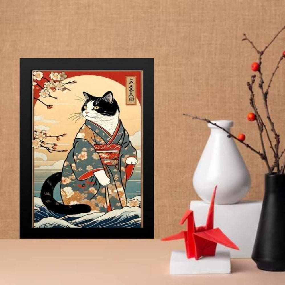 Quadro Arte Oriental Gato Com Paisagem 45X34Cm - Com Vidro