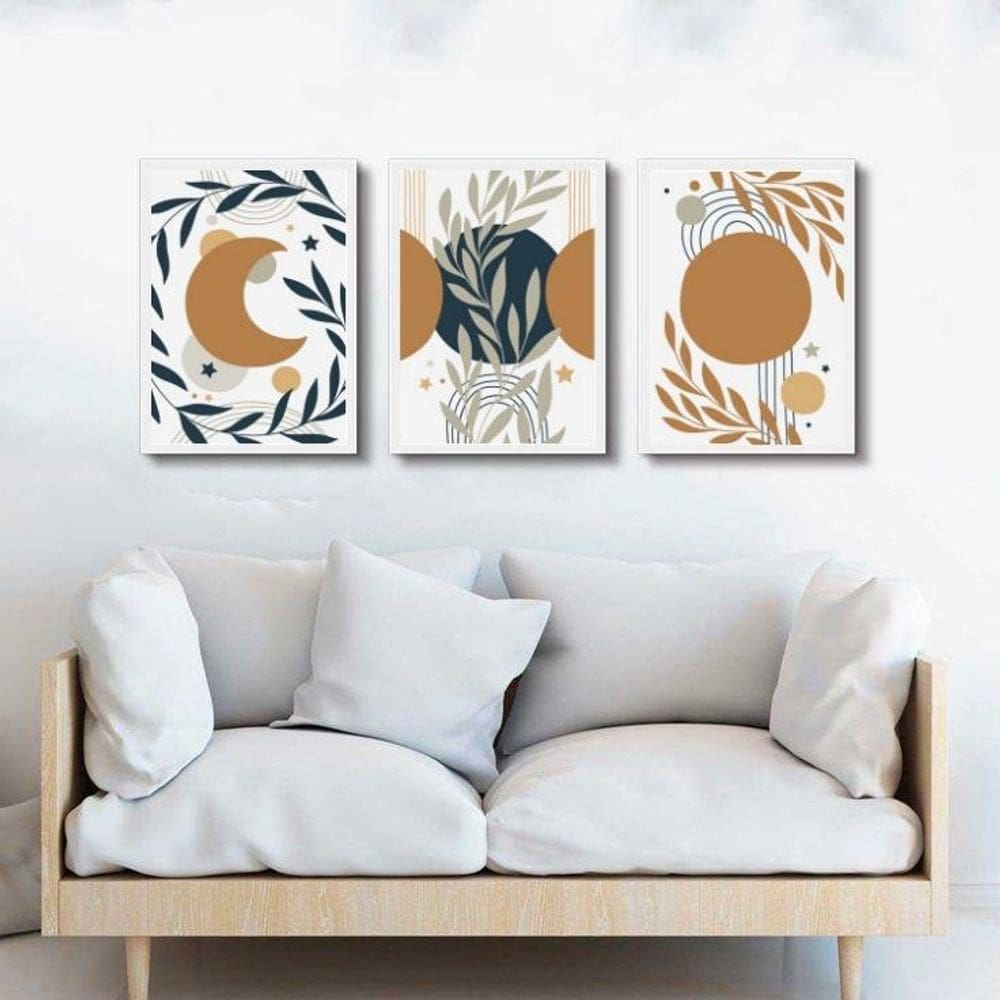 Kit 3 Quadros Bohos Luas Escandinavas 33X24Cm - Com Vidro