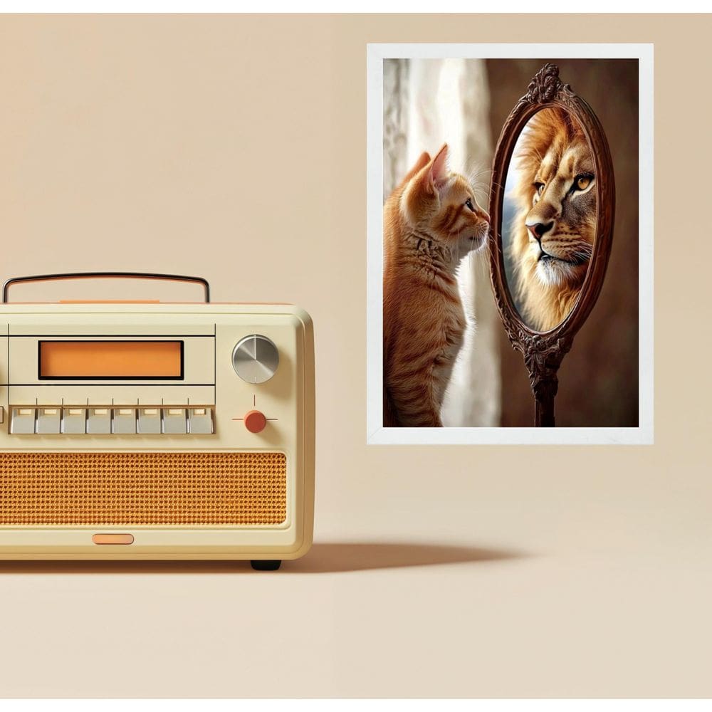Quadro Motivacional Autoestima Gato Espelho Leão 33X24Cm
