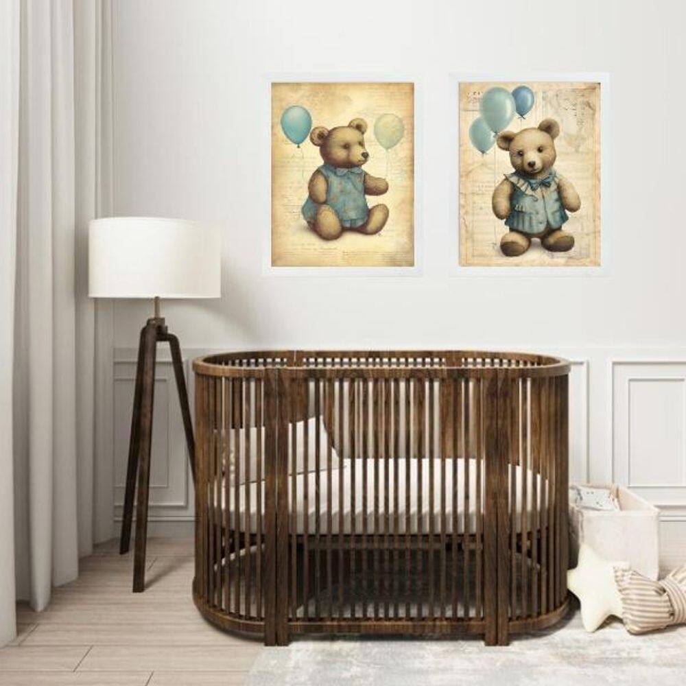 Kit 2 Quadros Infantis Ursos Vintage - Balões 45X34Cm Vidro