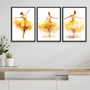 Kit 3 Quadros Bailarinas Amarelas - Aquarela 45X34Cm - Vidro