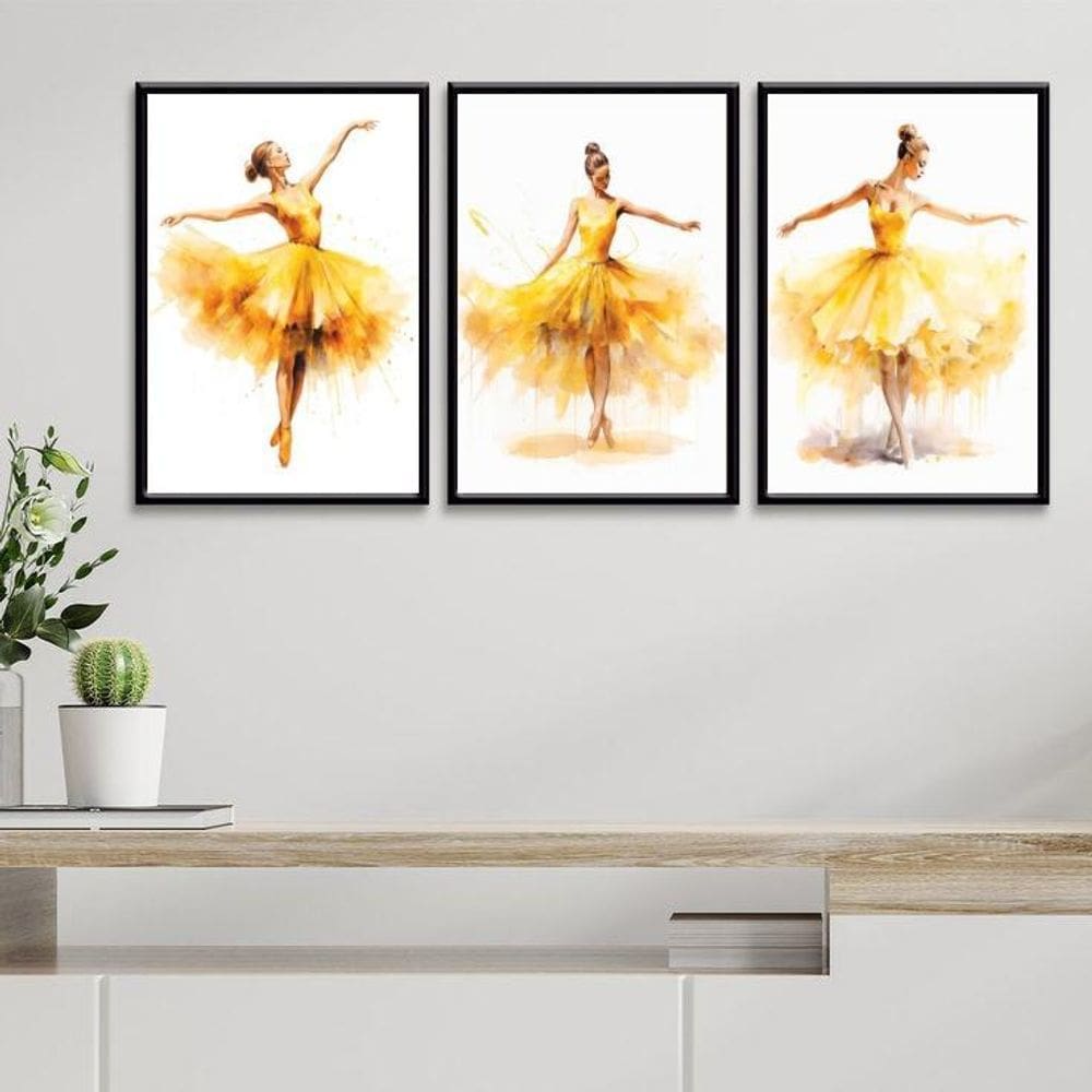 Kit 3 Quadros Bailarinas Amarelas - Aquarela 24X18Cm - Vidro