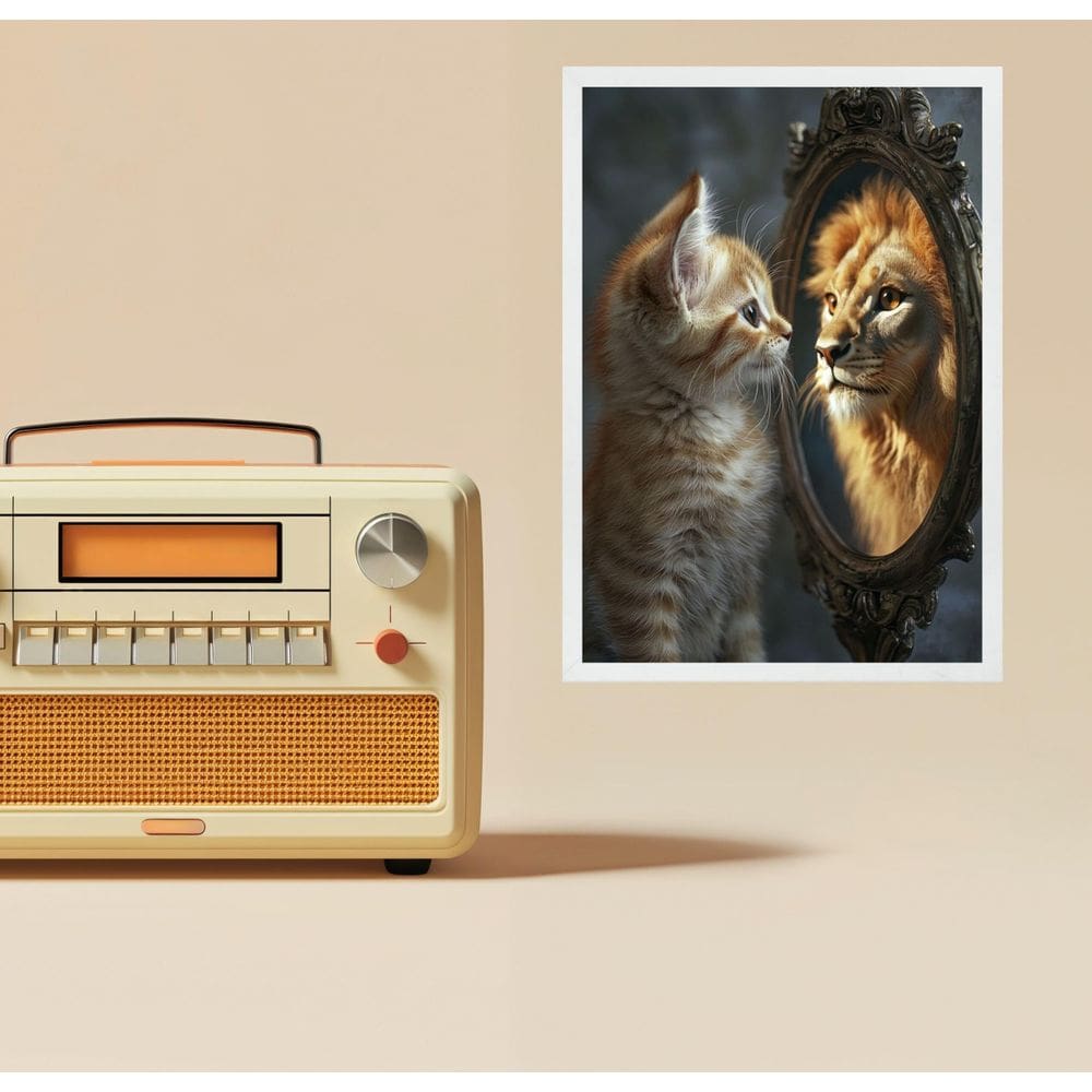 Quadro Motivacional Gatinho Espelho Leão 45X34Cm - Com Vidro