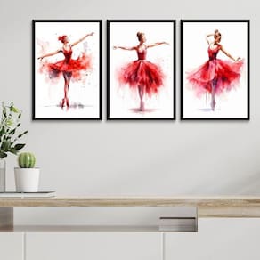 Kit 3 Quadros Bailarinas Vermelhas - Aquarela 33X24Cm Vidro