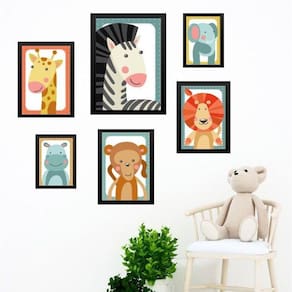 Kit Composição 6 Quadros Infantis Bichos Safari