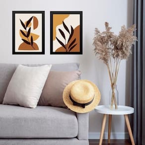 Kit 2 Quadros Sala Gravuras Folhas Boho 33X24Cm - Com Vidro