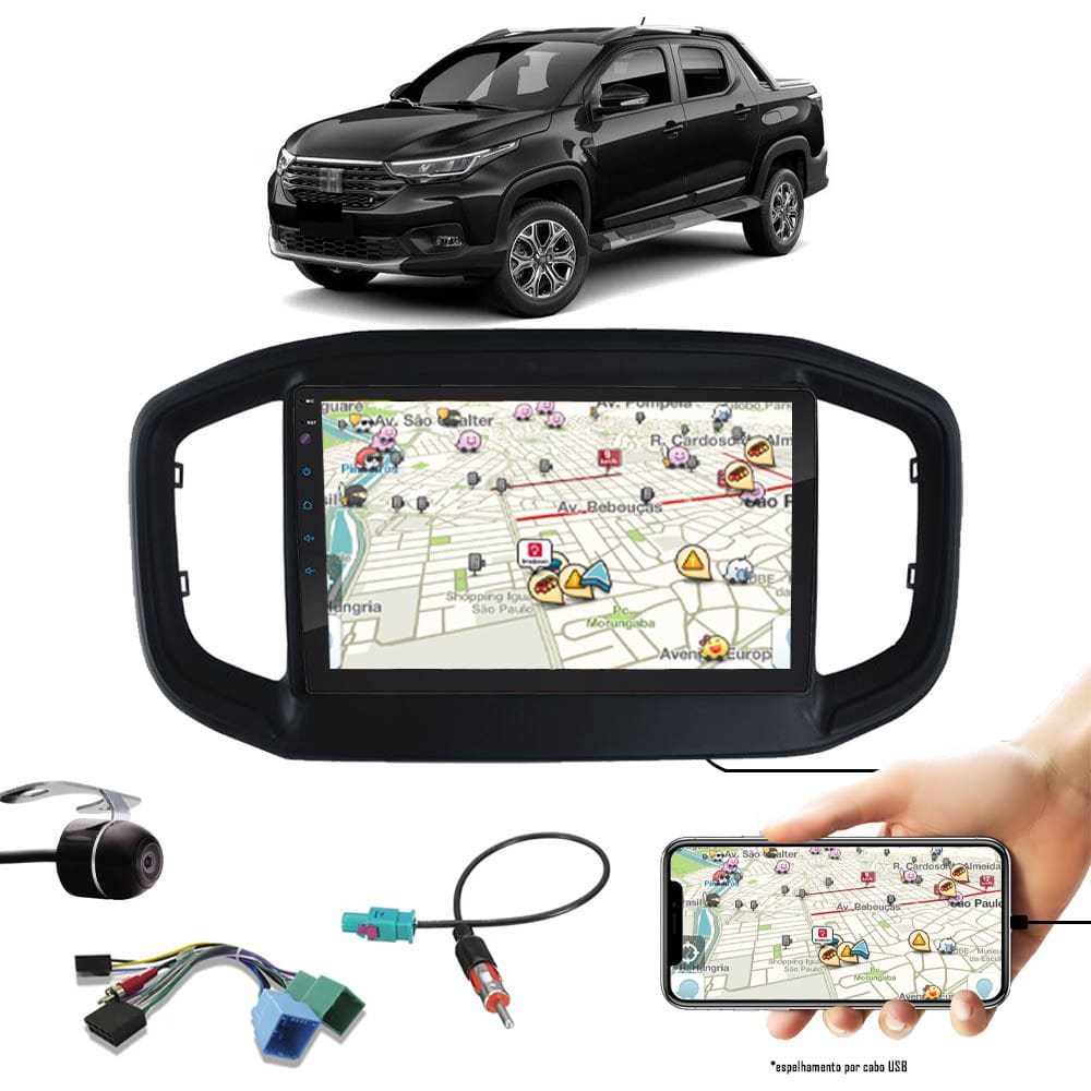 Multimídia 9" Polegadas Nova Strada 2020 2021 2022 Espelhamento USB Bluetooth + Moldura Painel Preto + Câmera de Ré + Chicotes e Adaptador de Ant
