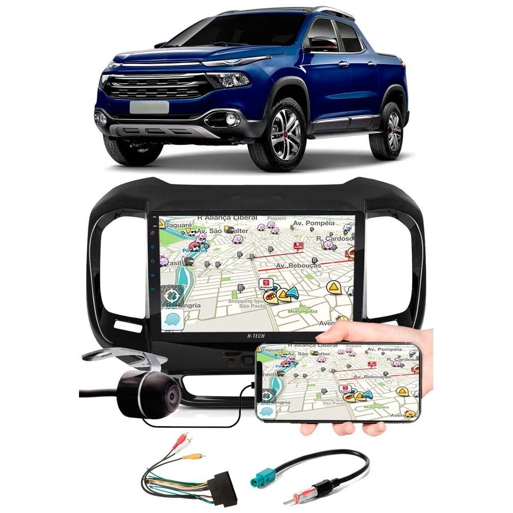 Multimídia 9" Polegadas Fiat Toro Espelhamento USB Bluetooth + Moldura Painel + Chicotes + Câmera de Ré