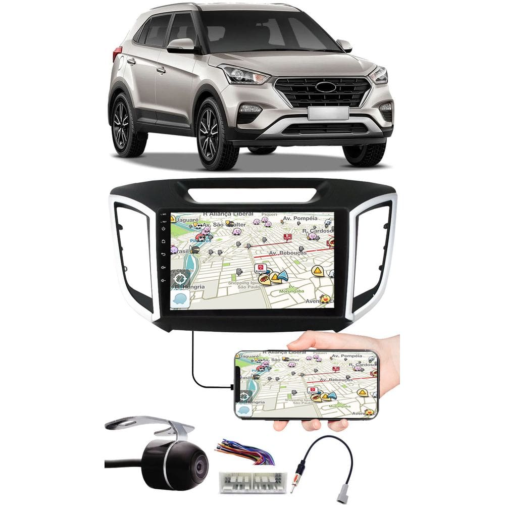 Multimídia 9" Polegadas Hyundai Creta Espelhamento USB Bluetooth + Chicotes + Moldura Painel + Câmera de Ré