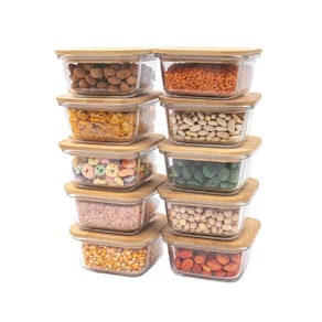 kit 10 potes de vidro 380ml com tampa de bambu hermético quadrados - Tud