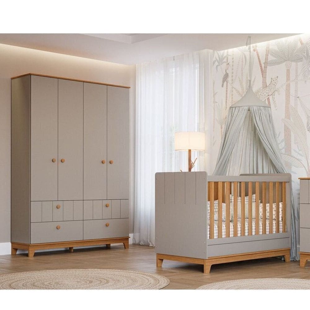 Conjunto Quarto de Bebê 1 Berço 1 Guarda Roupas 4 Portas 4 Gavetas Chantilly Cinza/Marrom