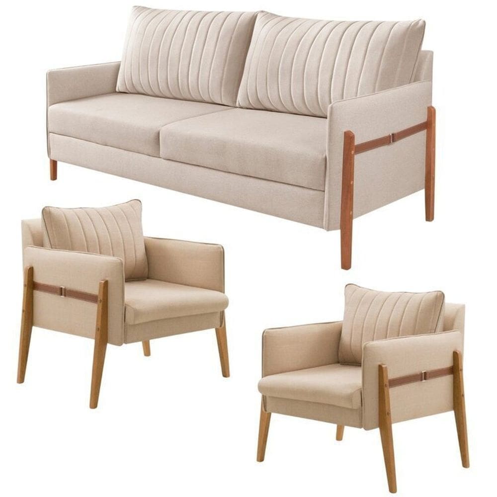 Conjunto de Sala de Estar Orion com 1 Sofá 2 Lugares Living e 2 Poltronas Bege