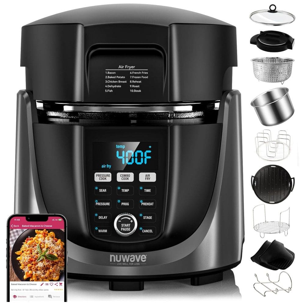 Fritadeira Elétrica Air Fryer e Panela de Pressão 540 em 1, 5,6L com 3 Tampas Removíveis, Tecnologia de Segurança Sure-Lock e 10
