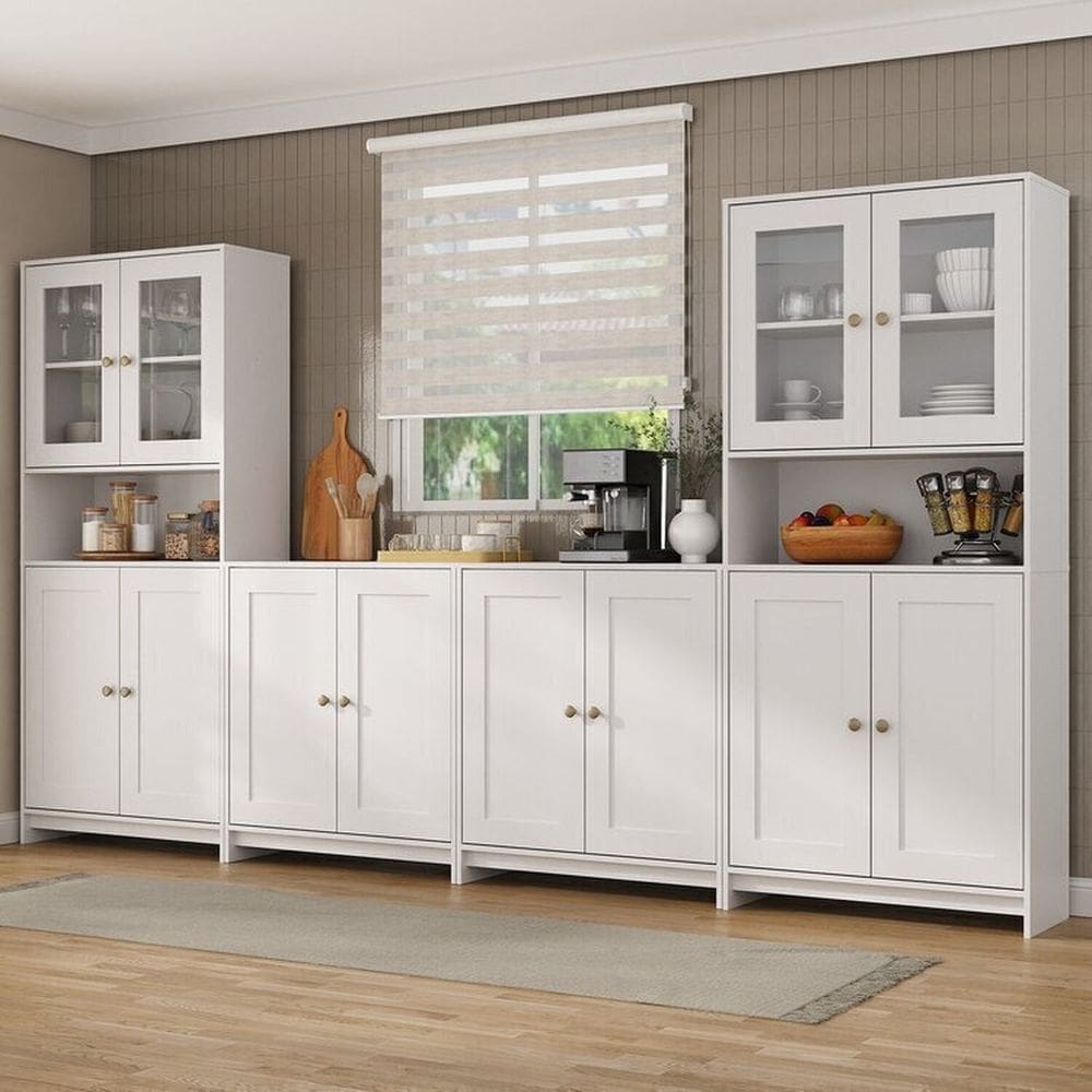 Conjunto 2 Armários para Cozinha Porta de Vidro 2 Balcão Multiuso Americano Branco Gelo