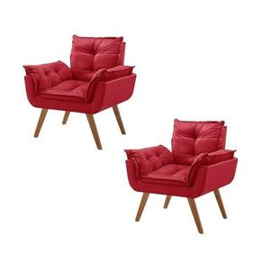 Kit 2 Poltronas em Veludo Base Palito Quadrada Opalla Prime Vermelho/Vermelho