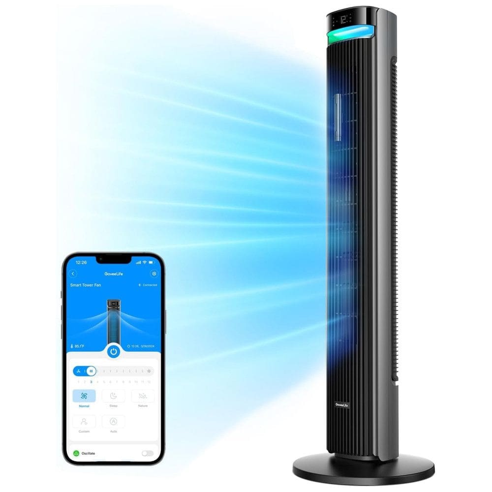 Ventilador de Torre, Estilo Moderno com Temporizador de 24H, Silencioso, 5 Modos, 12 Velocidades e Controle por APP ou Voz, 110V 48W,
