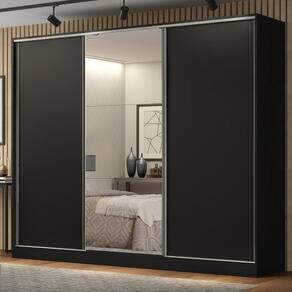 Guarda Roupa Casal 100% MDF Madesa Royale 3 Portas de Correr com Espelho - Preto XV