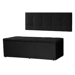 Kit Cabeceira Painel e Calçadeira Baú Casal 1,40m Roma Suede Preto Dal Poz Estofados