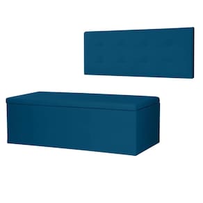 Kit Cabeceira Painel e Calçadeira Baú Solteiro 0,90m Berlim Suede Azul Marinho Dal Poz Estofados