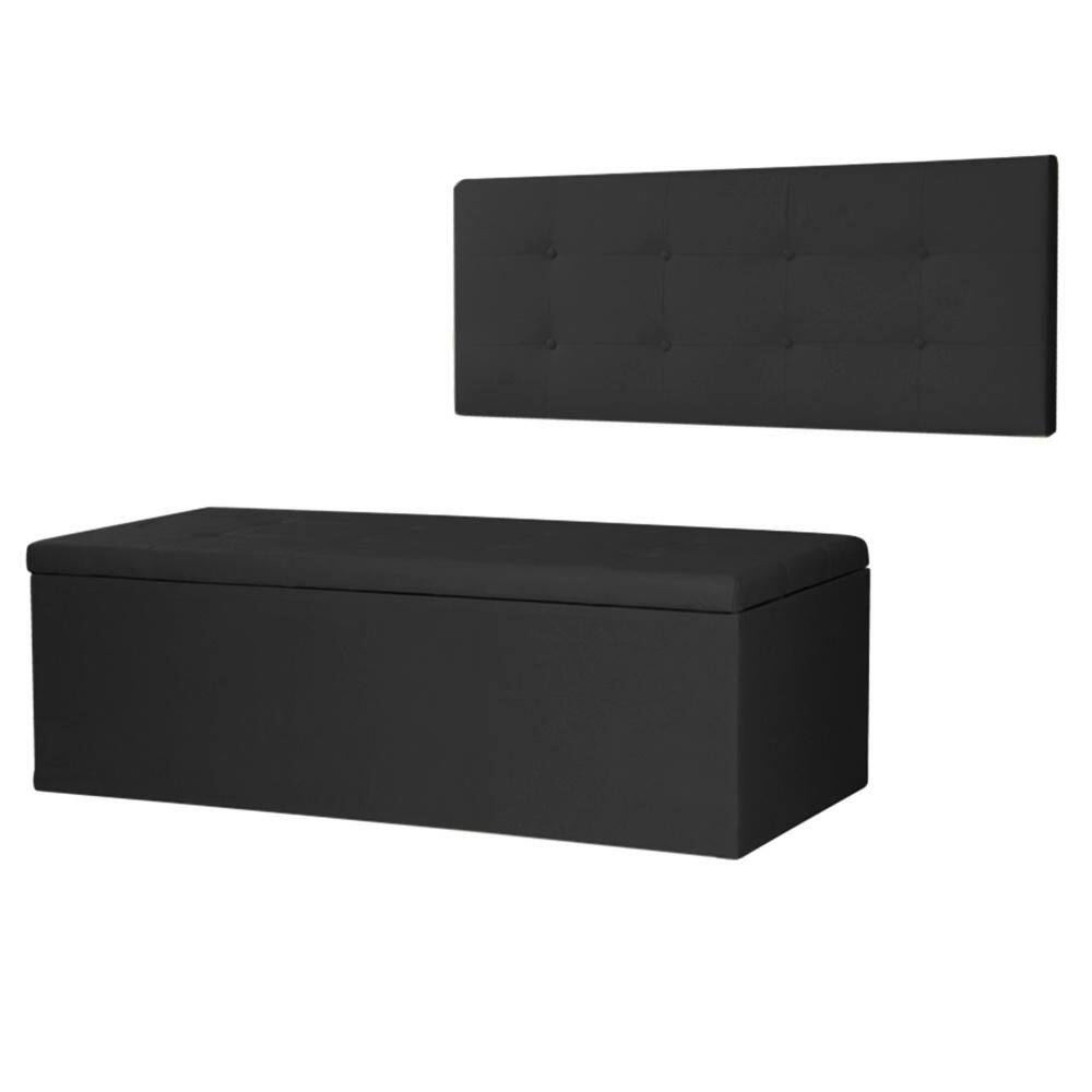 Kit Cabeceira Painel e Calçadeira Baú Casal Queen 1,60m Berlim Suede Preto Dal Poz Estofados