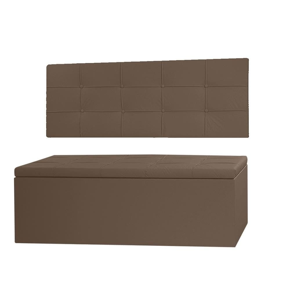 Kit Cabeceira Painel e Calçadeira Baú Casal King 1,95m Roma Material Sintético Marrom Dal Poz Estofados