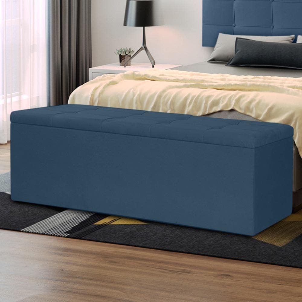 Calçadeira Baú Casal King 1,95m Roma Suede Azul Marinho Dal Poz Estofados