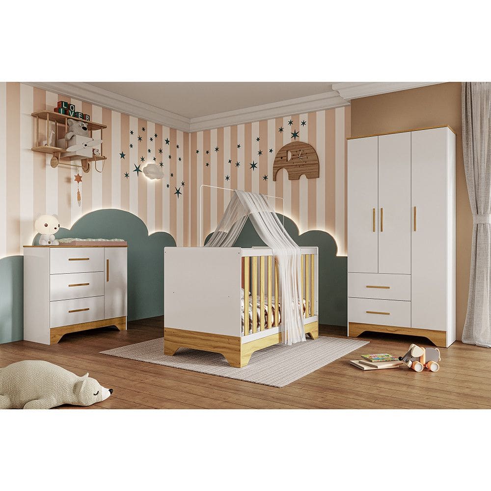 Quarto de Bebê Completo Guarda Roupa Cômoda e Berço 3 em 1 100 MDF Popy Móveis Peroba