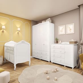 Quarto de Bebê Completo com Berço Mini Cama Guarda-Roupa e Cômoda 100 MDF Elô New Móveis Peroba
