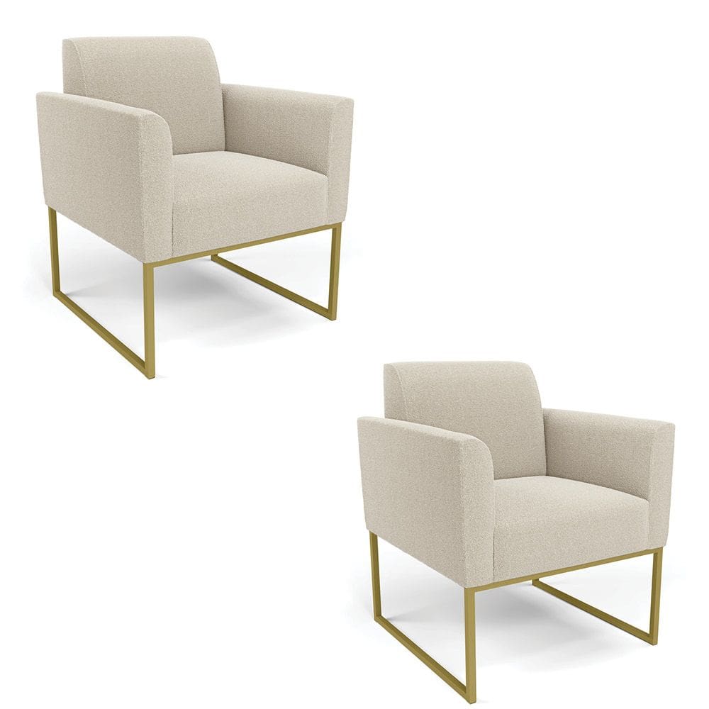 Poltrona Sala Estar Industrial Dourado Kit 2 Marisa Bouclê Off White D03 - D`Rossi