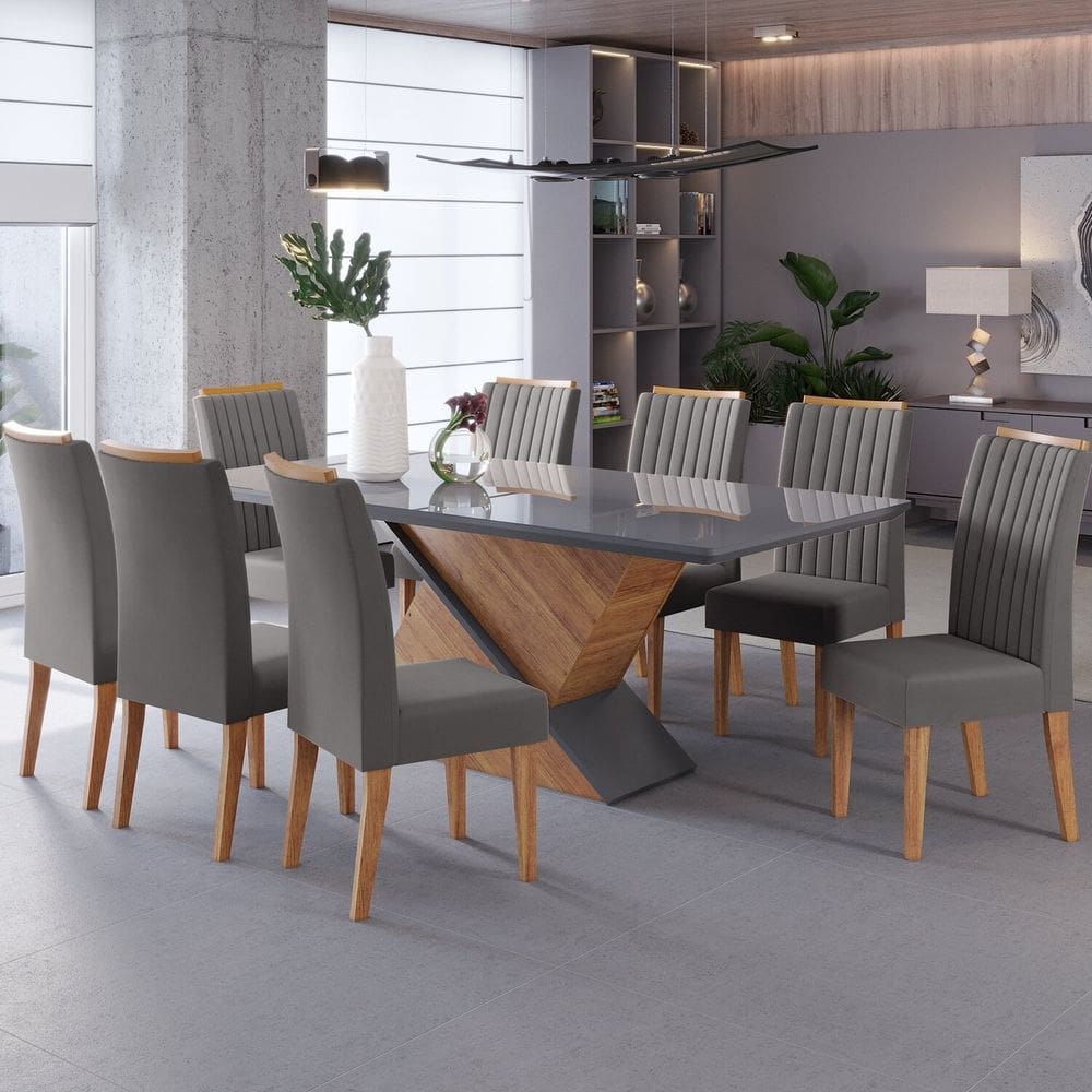 Conjunto Mesa de Jantar Retangular Eleganza 200x90cm com Vidro e 8 Cadeiras Mel/Grafite