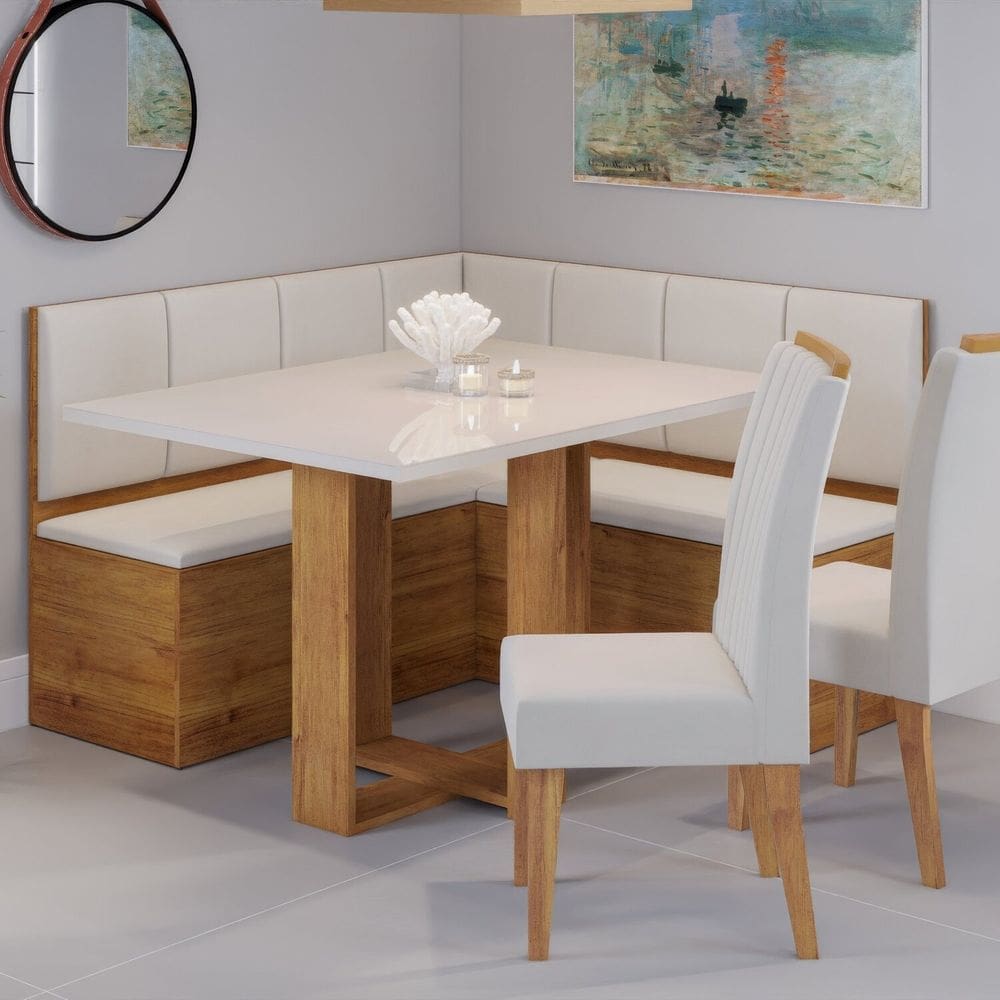 Conjunto Canto Baú com Mesa de Jantar Retangular 120x80cm de Vidro e 2 Cadeiras Mel/Off White/Marfim