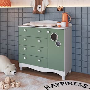 Cômoda Infantil 4 Gavetas e 1 Porta Linha Encanto Branco/Verde