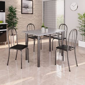 Conjunto de Mesa Tubular 100cm X 60cm Tampo em Granito com 4 Cadeiras Preto /Prata