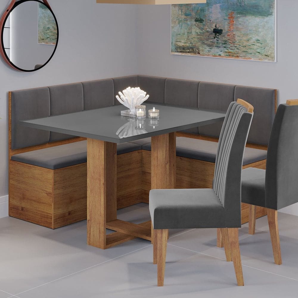 Conjunto Canto Baú com Mesa de Jantar Retangular 120x80cm Sem Vidro e 2 Cadeiras Mel/Cinza Brilho/Grafite