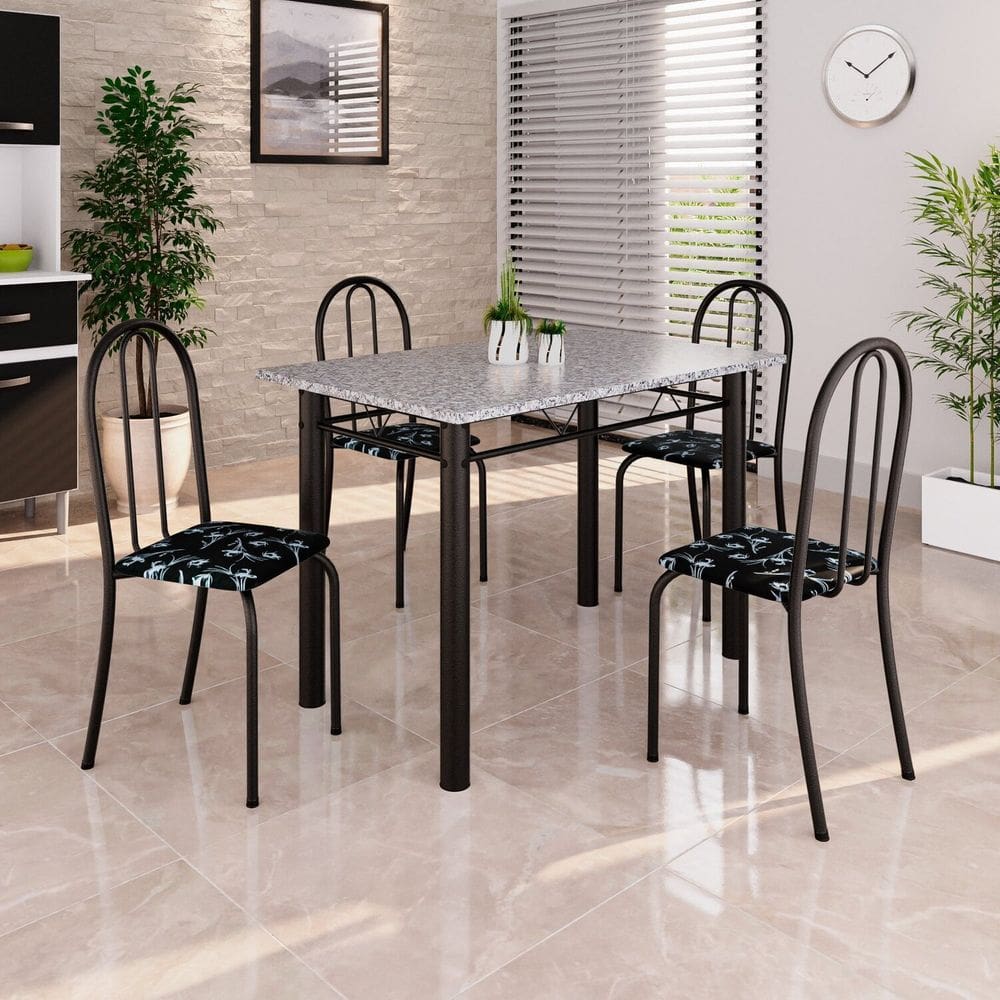 Conjunto de Mesa Tubular 100x60cm Tampo em Granito com 4 Cadeiras Preto