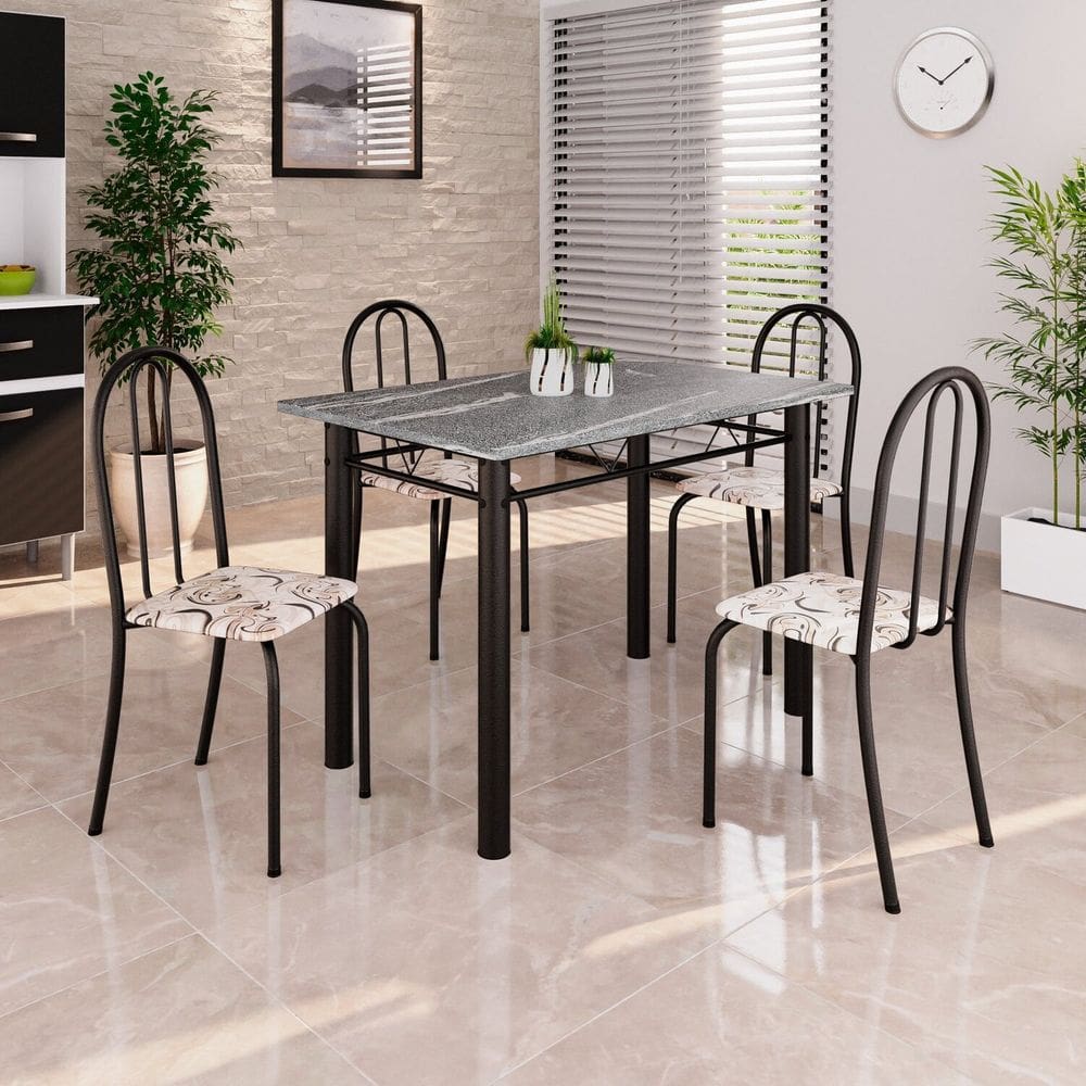 Conjunto de Mesa Tubular 100cm X 60cm Tampo em Granito com 4 Cadeiras Arabesco / Preto