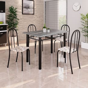 Conjunto de Mesa Tubular 100cm X 60cm Tampo em Granito com 4 Cadeiras Arabesco / Preto