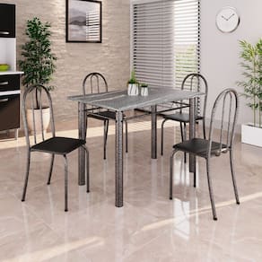 Conjunto de Mesa Tubular 100cm X 60cm Tampo em Granito com 4 Cadeiras Preto / Prata