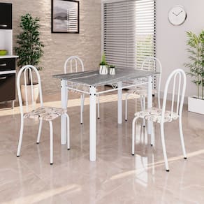 Conjunto de Mesa Tubular 100cm X 60cm Tampo em Granito com 4 Cadeiras Arabesco/ Branco