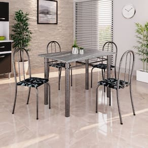 Conjunto de Mesa Tubular 100cm X 60cm Tampo em Granito com 4 Cadeiras Preto /Prata