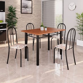 Conjunto de Mesa Tubular 100x60cm Tampo em Mdf com 4 Cadeiras Bege / Preto