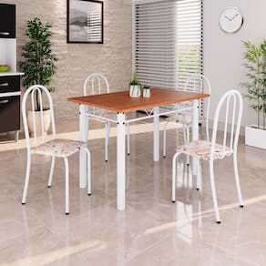 Conjunto de Mesa Tubular 100x60cm Tampo em Mdf com 4 Cadeiras Bege / Branco