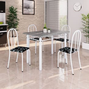 Conjunto de Mesa Tubular 100cm X 60cm Tampo em Granito com 4 Cadeiras Preto/ Branco